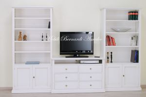 Mobile da soggiorno per Tv con libreria in legno massello stile classico e finitura laccata bianco anticato
